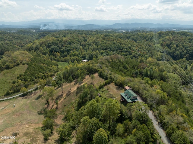 drone / aerial view with a mountain view and a view of trees