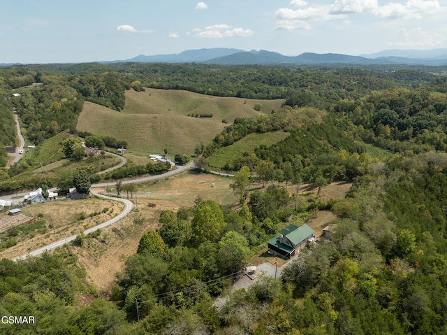 bird's eye view with a mountain view and a wooded view