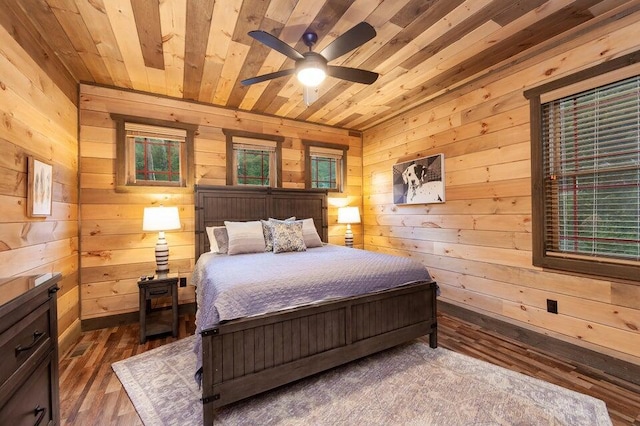 bedroom with ceiling fan, wooden ceiling, and wooden walls