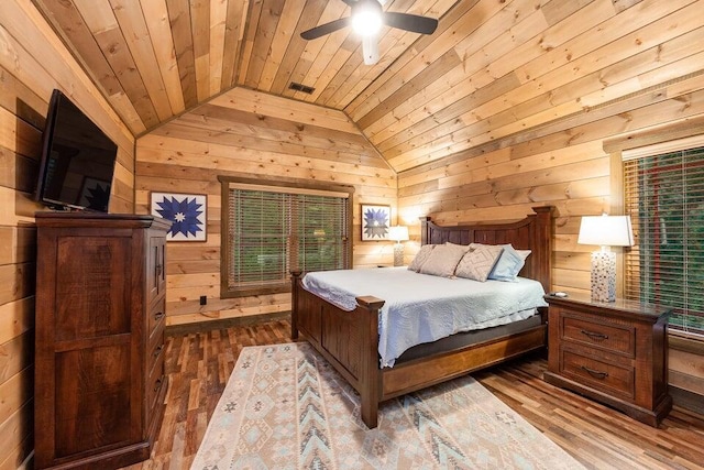 bedroom featuring ceiling fan, wood-type flooring, wooden ceiling, lofted ceiling, and wood walls