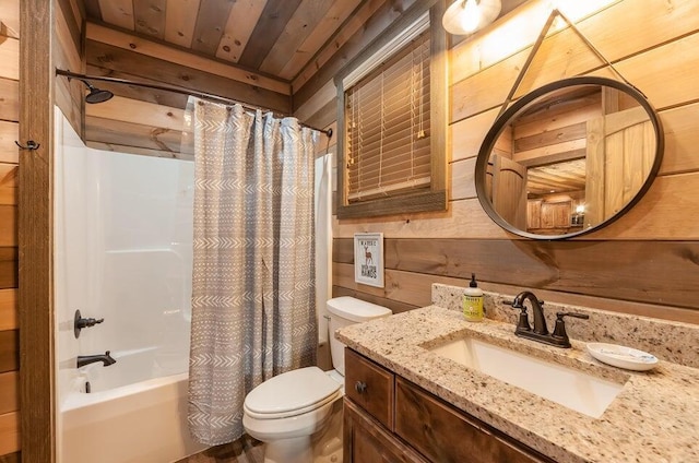 full bathroom with vanity, wooden walls, toilet, wood ceiling, and shower / tub combo