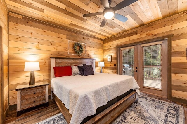 bedroom with wood walls, wooden ceiling, access to outside, french doors, and ceiling fan