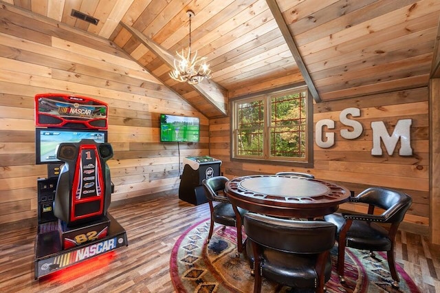 game room with hardwood / wood-style floors, lofted ceiling, wooden ceiling, wooden walls, and a chandelier