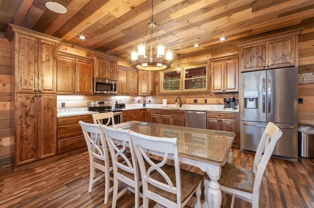 kitchen featuring a center island, dark wood-type flooring, hanging light fixtures, wood ceiling, and appliances with stainless steel finishes