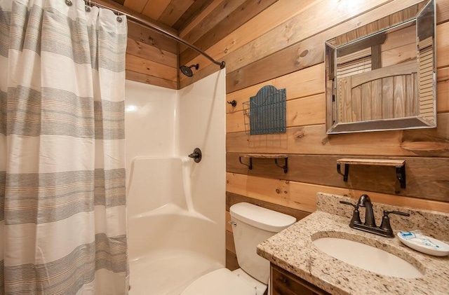 bathroom with wood ceiling, vanity, wooden walls, toilet, and curtained shower