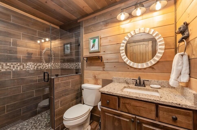 bathroom featuring wood walls, toilet, wood ceiling, and walk in shower