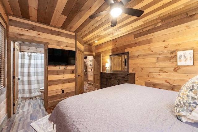 bedroom featuring ceiling fan, wood walls, wood ceiling, and lofted ceiling