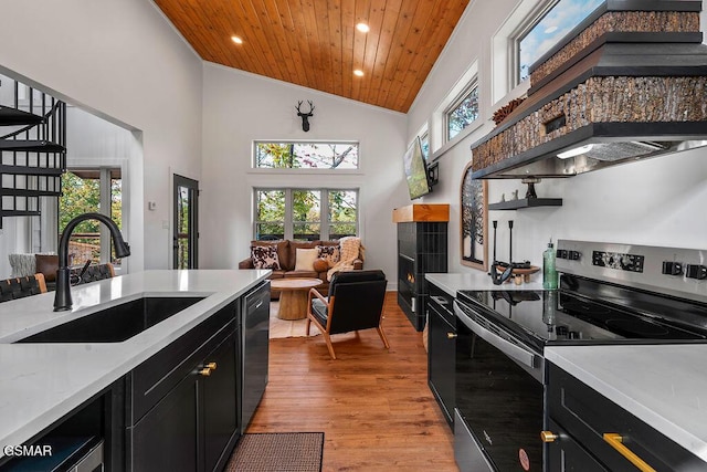 kitchen with electric range, sink, wooden ceiling, wall chimney range hood, and black dishwasher