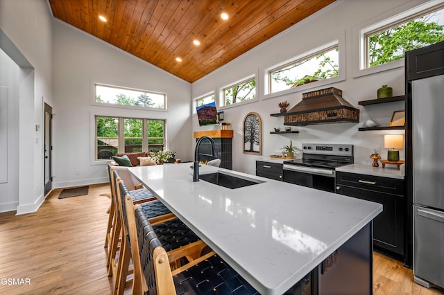 2385 Forge Hideaway Loop Unit 2, Pigeon Forge, TN 37863 - kitchen featuring stainless steel appliances, a sink, open shelves, premium range hood, and wood ceiling