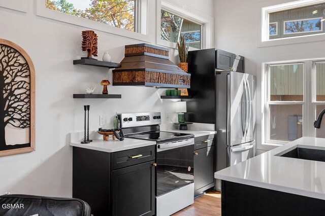 kitchen featuring sink, custom exhaust hood, light wood-type flooring, and appliances with stainless steel finishes