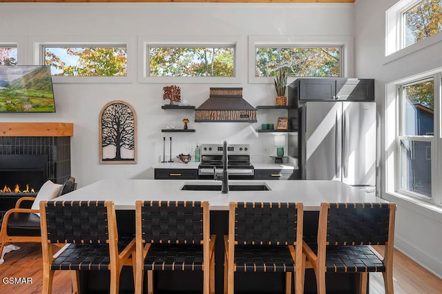 kitchen featuring sink, hardwood / wood-style flooring, appliances with stainless steel finishes, a kitchen bar, and custom range hood