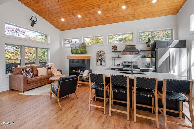 interior space with light hardwood / wood-style floors, wood ceiling, a fireplace, and a wealth of natural light