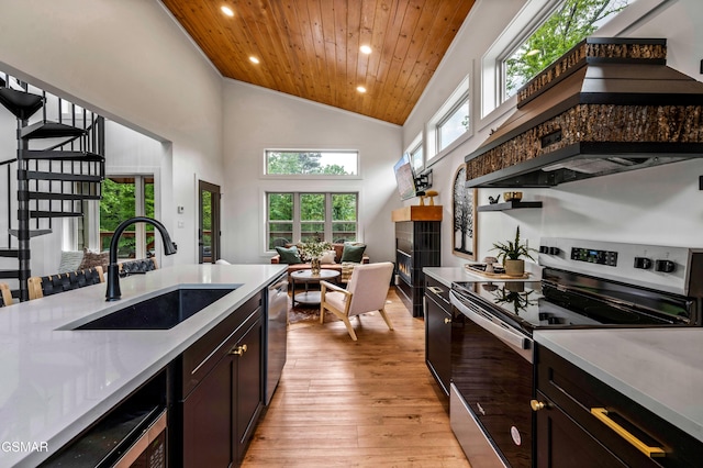 2385 Forge Hideaway Loop Unit 2, Pigeon Forge, TN 37863 - kitchen with appliances with stainless steel finishes, a sink, wood ceiling, high vaulted ceiling, and light wood-type flooring