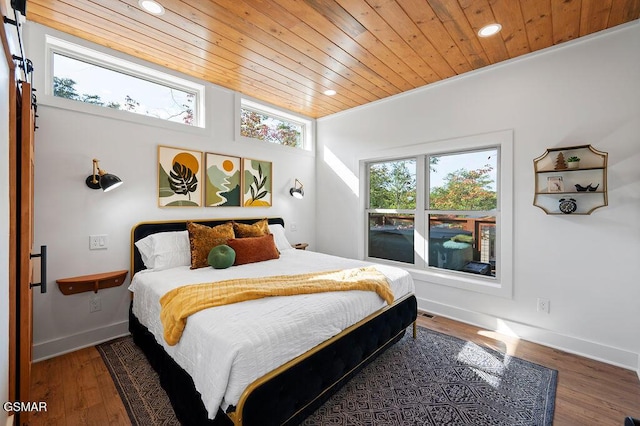 bedroom with dark hardwood / wood-style floors and wooden ceiling