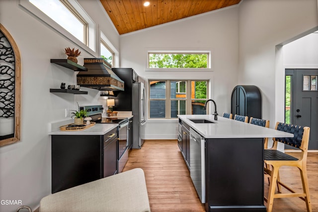 2385 Forge Hideaway Loop Unit 2, Pigeon Forge, TN 37863 - kitchen with stainless steel appliances, a sink, dark cabinets, light wood-style flooring, and a breakfast bar