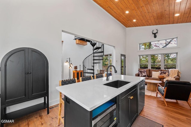 kitchen with stainless steel microwave, sink, wooden ceiling, a kitchen bar, and a kitchen island with sink