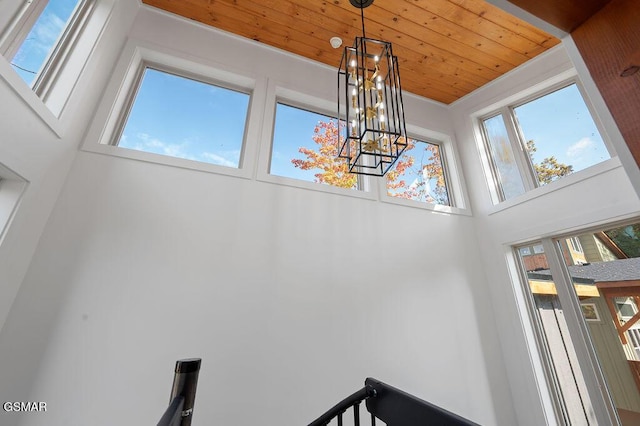 details with a chandelier and wooden ceiling