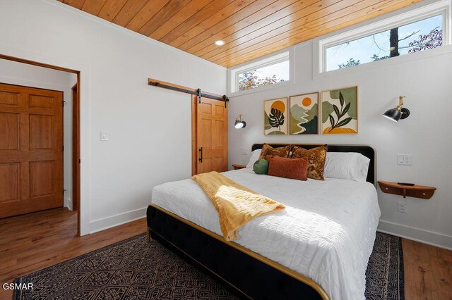 bedroom featuring wood ceiling, a barn door, and dark wood-type flooring