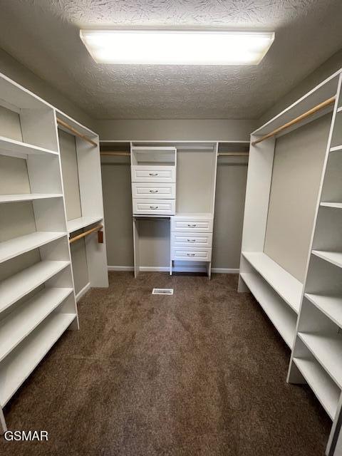 walk in closet with dark carpet