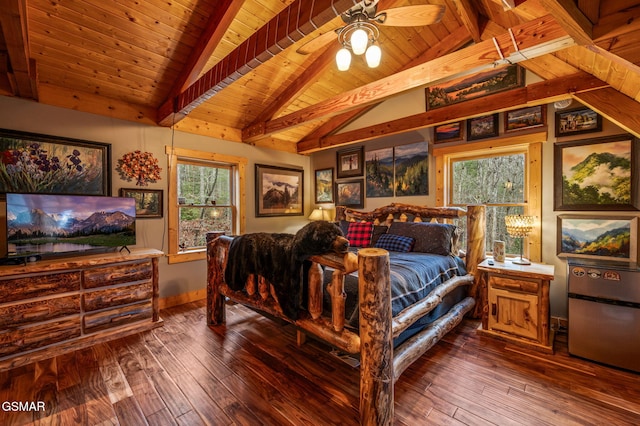 bedroom with wooden ceiling, lofted ceiling with beams, and hardwood / wood-style floors