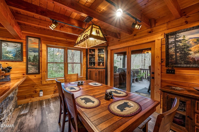 dining room featuring beamed ceiling, dark wood-style flooring, wood walls, and wooden ceiling