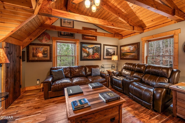 living room featuring lofted ceiling with beams, wooden ceiling, a ceiling fan, and hardwood / wood-style flooring