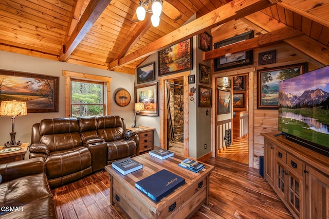 living room with wooden ceiling, vaulted ceiling with beams, and dark wood-style floors