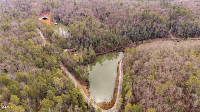 birds eye view of property featuring a water view and a wooded view