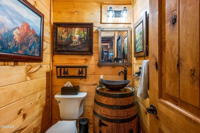 bathroom with wooden walls, vanity, and toilet