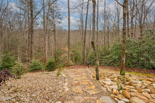 view of yard with a view of trees