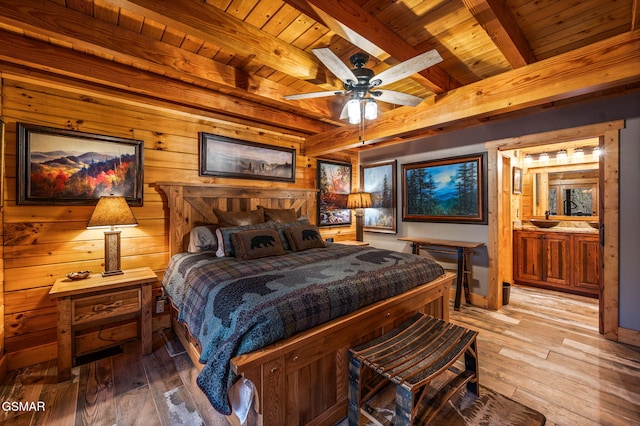 bedroom featuring hardwood / wood-style floors, beamed ceiling, wooden walls, and wood ceiling