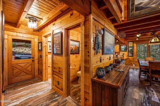 interior space with wood-type flooring, plenty of natural light, wood ceiling, and wood walls