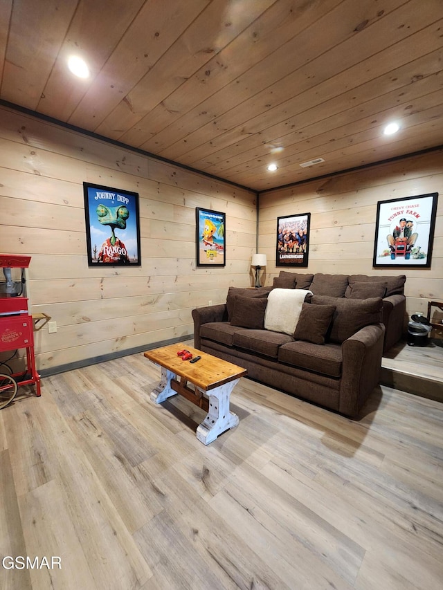 living room with wooden ceiling, wood finished floors, and recessed lighting