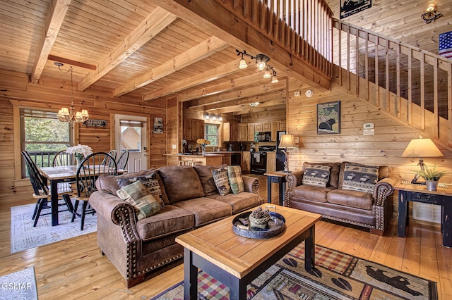1482 Red Cedar Ln Unit 64, Sevierville, TN 37876 - living area with light wood finished floors, a chandelier, wood walls, wood ceiling, and rail lighting