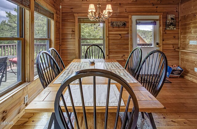 1482 Red Cedar Ln Unit 64, Sevierville, TN 37876 - dining area featuring a chandelier, healthy amount of natural light, wood-type flooring, and wood walls