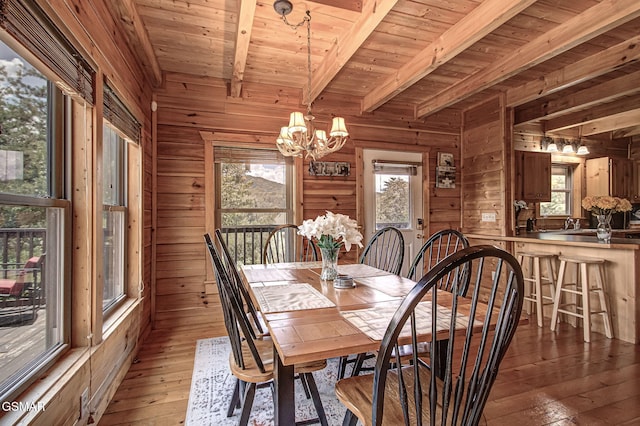 1482 Red Cedar Ln Unit 64, Sevierville, TN 37876 - dining area with a chandelier, wooden walls, hardwood / wood-style floors, and a wooden ceiling with exposed beams
