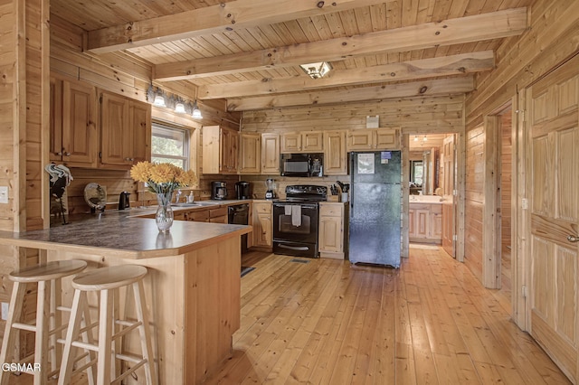 1482 Red Cedar Ln Unit 64, Sevierville, TN 37876 - kitchen with black appliances, wooden walls, a wooden ceiling with exposed beams, light wood-style floors, and a peninsula