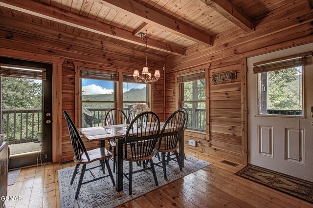 1482 Red Cedar Ln Unit 64, Sevierville, TN 37876 - dining area with a wooden ceiling with exposed beams, light wood-style flooring, a chandelier, wood walls, and healthy amount of natural light