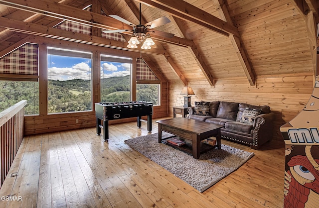 1482 Red Cedar Ln Unit 64, Sevierville, TN 37876 - living area with wood ceiling, ceiling fan, wood walls, and wood-type flooring