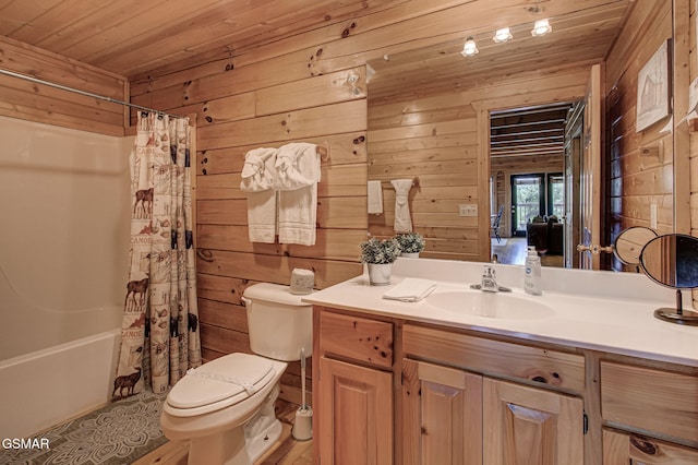 1482 Red Cedar Ln Unit 64, Sevierville, TN 37876 - full bathroom featuring wooden ceiling, wood walls, vanity, and shower / tub combo with curtain