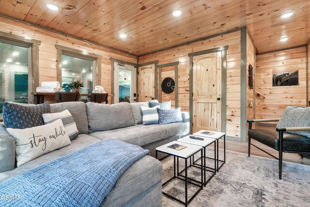 1013 Silver Poplar Ln, Sevierville, TN 37876 - living area with wood walls, recessed lighting, wood ceiling, and light wood-style floors