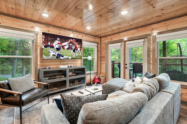1013 Silver Poplar Ln, Sevierville, TN 37876 - living area with recessed lighting, wood walls, wood finished floors, and wood ceiling
