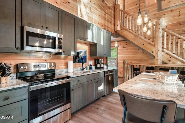 1013 Silver Poplar Ln, Sevierville, TN 37876 - kitchen with appliances with stainless steel finishes, light wood-style flooring, light stone countertops, wooden walls, and decorative light fixtures