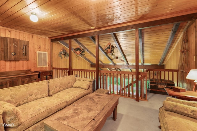 2537 Waldens Creek Rd, Sevierville, TN 37862 - living room featuring wooden walls, ceiling fan, carpet, and wood ceiling