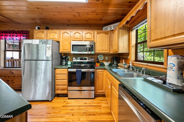 kitchen with appliances with stainless steel finishes, wood ceiling, a sink, and light wood-type flooring