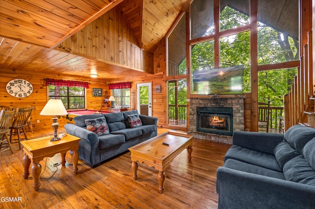 living room with hardwood / wood-style flooring, high vaulted ceiling, wood walls, a fireplace, and wooden ceiling