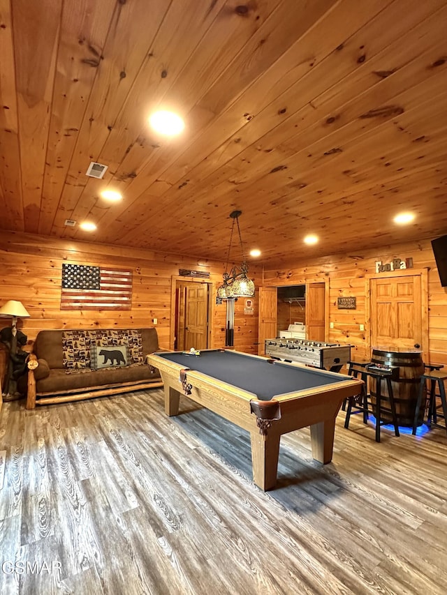 2973 Mockingbird Way, Sevierville, TN 37862 - playroom with wood finished floors, pool table, wooden walls, wood ceiling, and recessed lighting