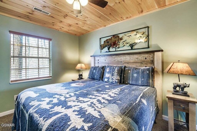 carpeted bedroom with ceiling fan and wooden ceiling