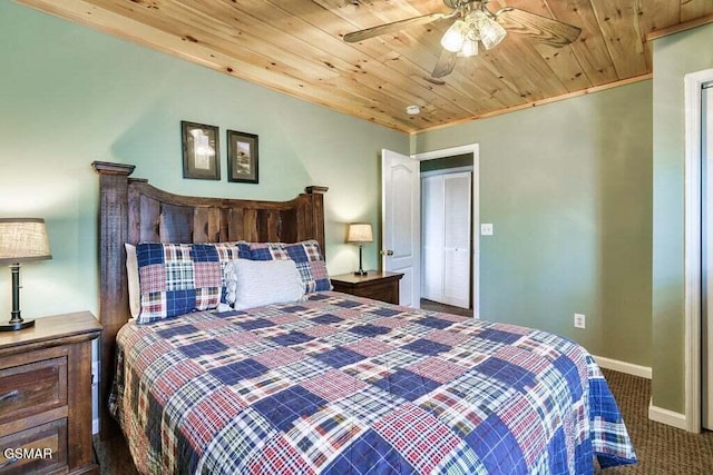 carpeted bedroom with ceiling fan and wood ceiling