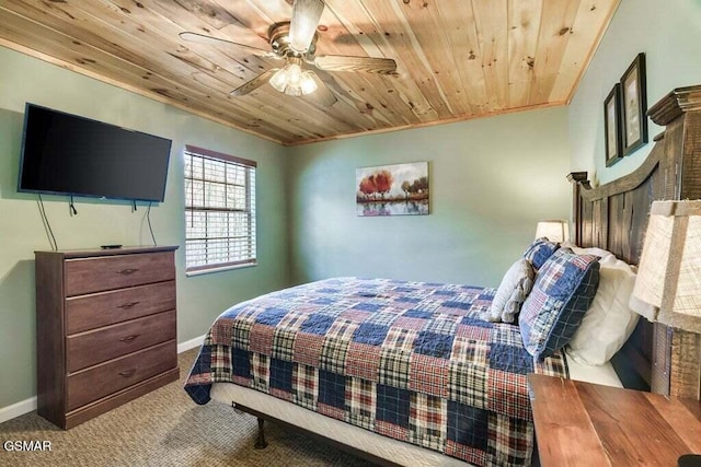 bedroom featuring ceiling fan, crown molding, carpet floors, and wood ceiling